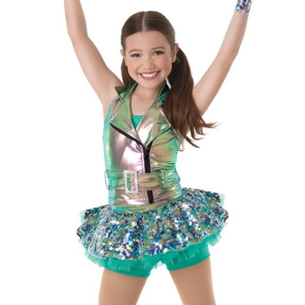 Pre-Owned Dance Costume Weissman 8690 Medium Child Green Jazz Hip Hop Sequin